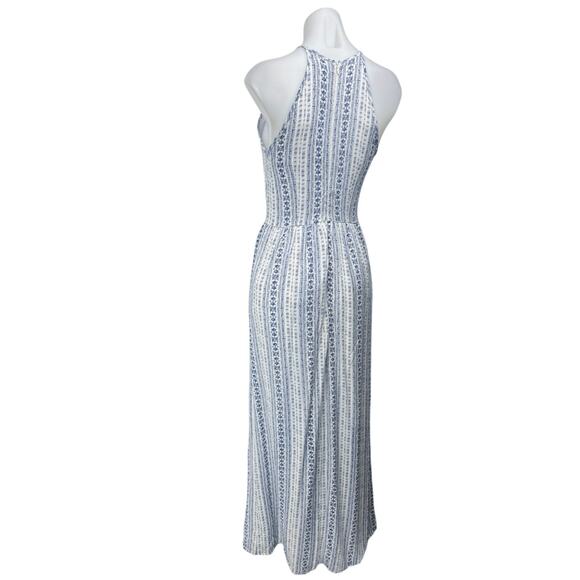 Forever 21 Blue White Printed Halter Slit Sleeveless Blouson Maxi Dress Size S - Picture 2 of 5